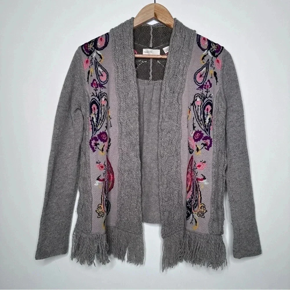 Sleeping On Snow Anthropologie Folklore Embroidered Fringe Hem Cardigan - Picture 3 of 11